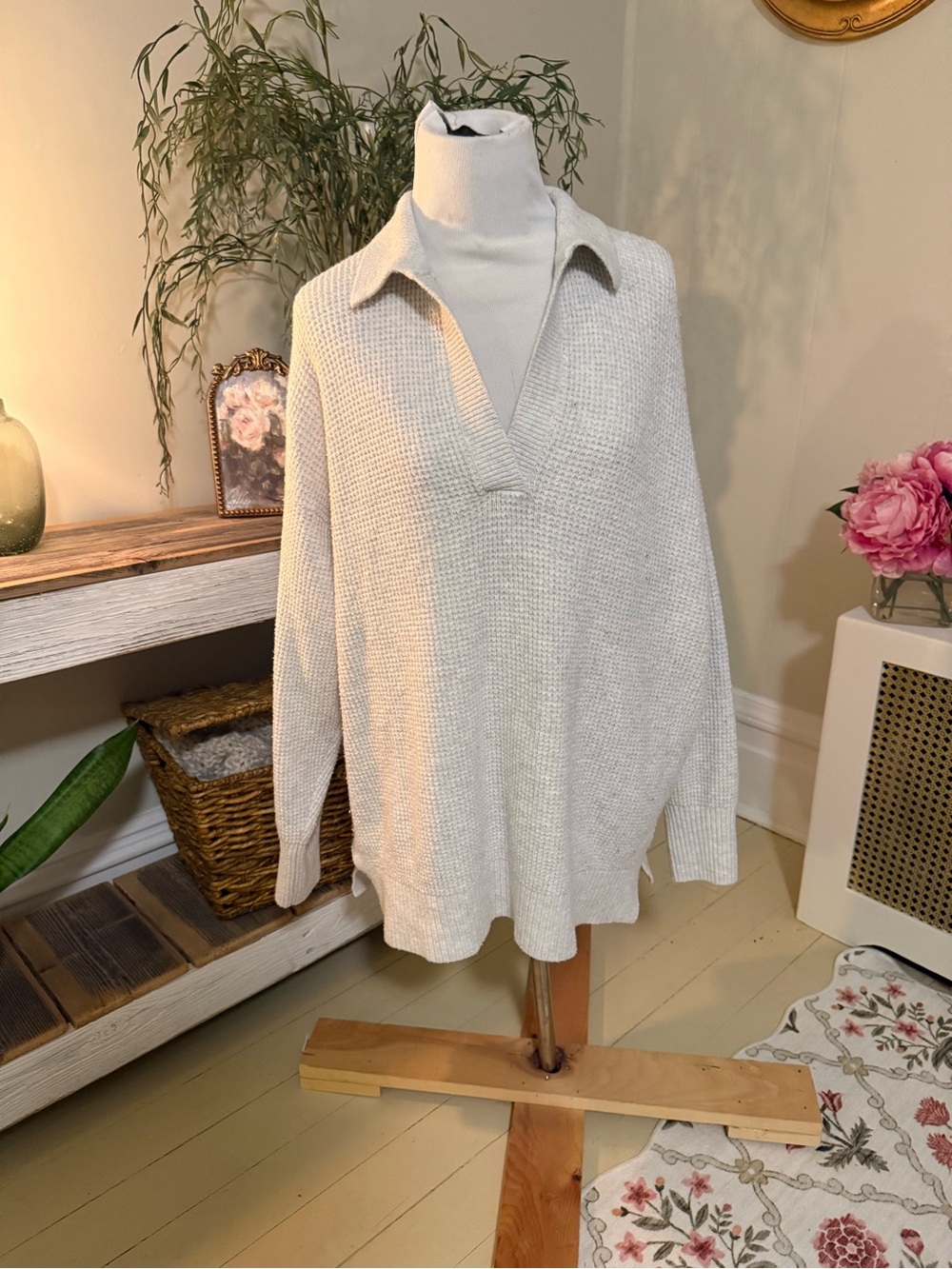 Aerie Oversized Collared Knit Sweater — Size M/M — Cream/Ivory